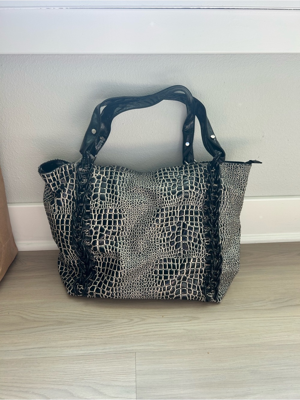 Black Croc-Print Tote Bag with Braided Chain Handles